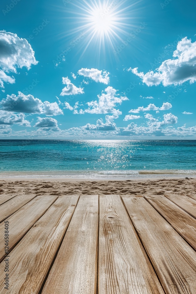 Fototapeta premium Stunning Beach View with Wooden Deck Overlooking Crystal Clear Ocean and Bright Blue Sky on a Sunny Day