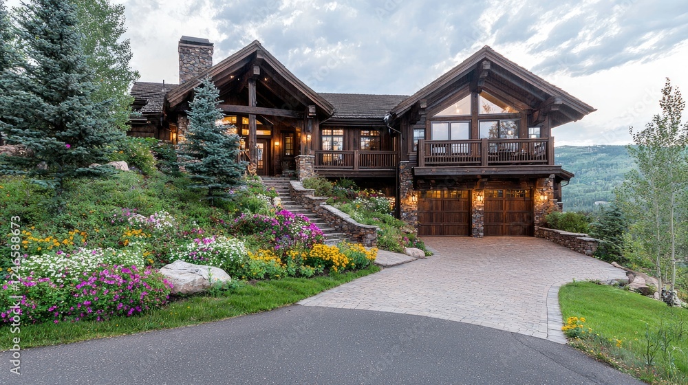 Mountain luxury home, sunset view, landscaped yard Mountain luxury home, sunset view, landscaped yard