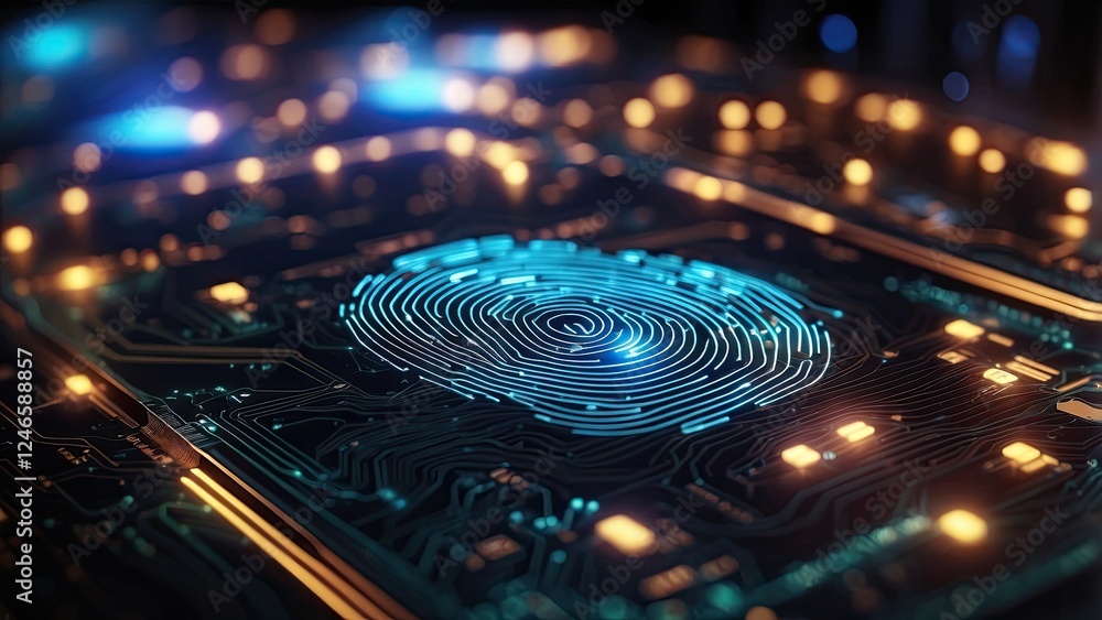 Fingerprints light with electronic circuits, representing biometric identity and data security. Fingerprints light with electronic circuits, representing biometric identity and data security.