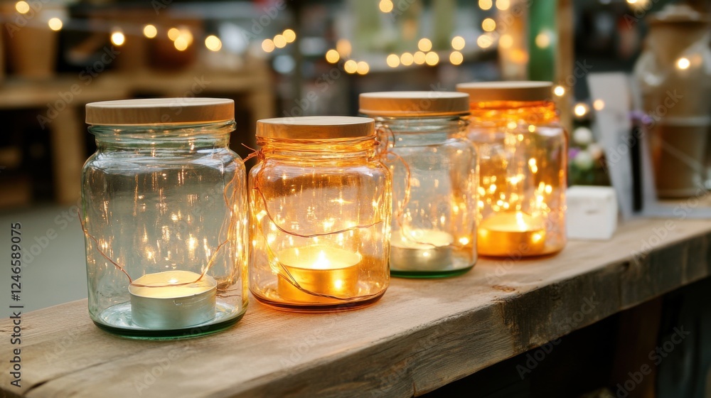 Decorative Mason Jars with Fairy Lights on Wooden Surface Decorative Mason Jars with Fairy Lights on Wooden Surface