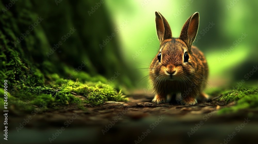 Fototapeta premium Young Forest Rabbit Gazing Intently Mossy Ground