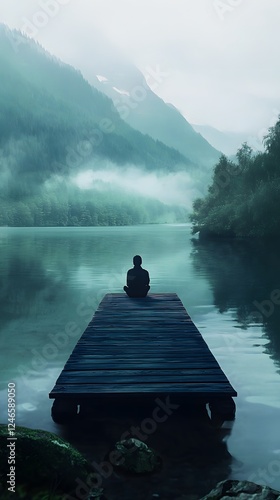 A person is sitting on the end of an old wooden dock, overlooking a calm lake with mountains in the background
