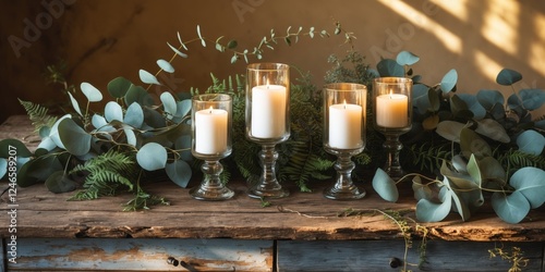 A long wooden table with candles and greenery on it photo