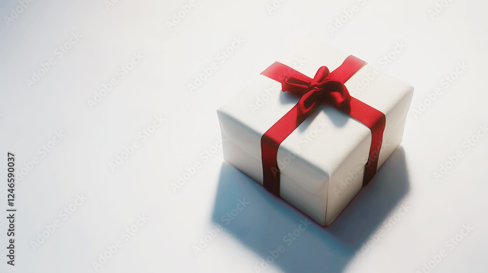 Obraz premium White gift box adorned with a red ribbon and bow, perfect for gifting on occasions like Valentine's Day, symbolizing love and care.