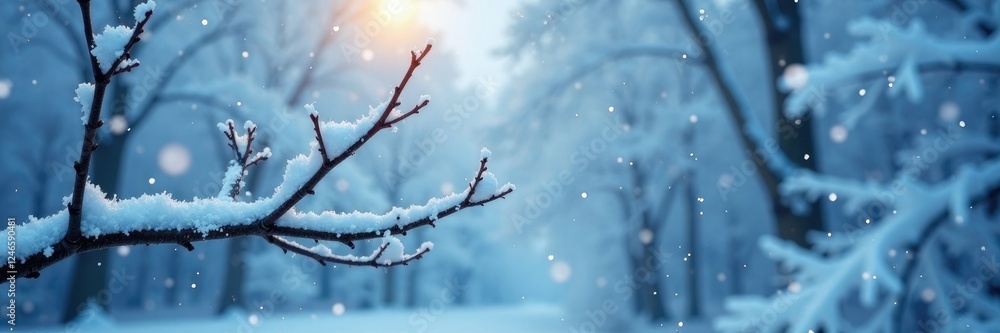 Soft blue snowflakes fall on bare winter trees, icy atmosphere, snowy branch Soft blue snowflakes fall on bare winter trees, icy atmosphere, snowy branch