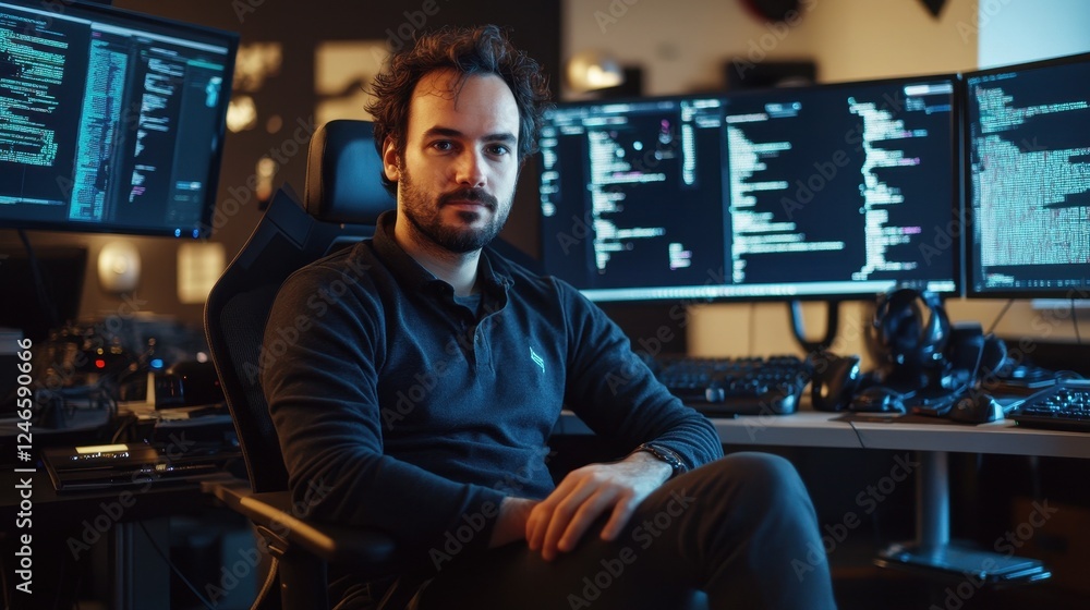 A young European male software developer sits confidently in a modern workspace, surrounded by multiple computer screens displaying code and technology. A young European male software developer sits confidently in a modern workspace, surrounded by multiple computer screens displaying code and technology.