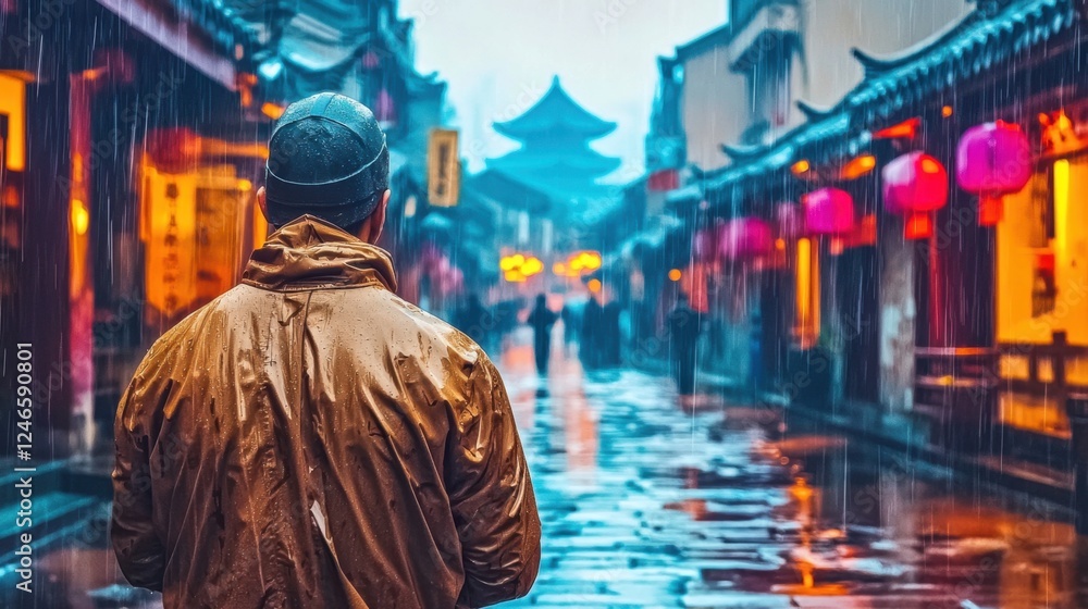 Man walking on wet street in rain with umbrella in urban setting Man walking on wet street in rain with umbrella in urban setting