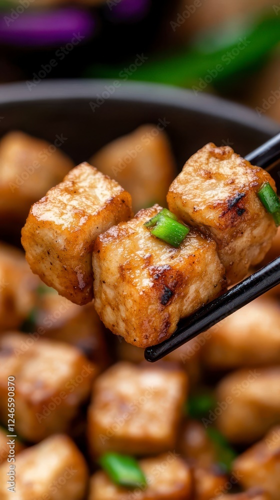 Crispy Fried Tofu Cubes Held by Chopsticks Crispy Fried Tofu Cubes Held by Chopsticks
