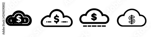 Different cloud symbols representing financial transactions and digital payments with dollar signs