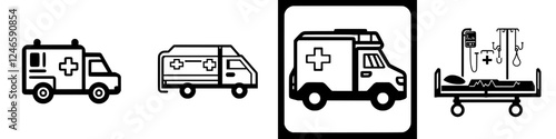 Various emergency medical service vehicles and hospital equipment illustrations for health awareness and education