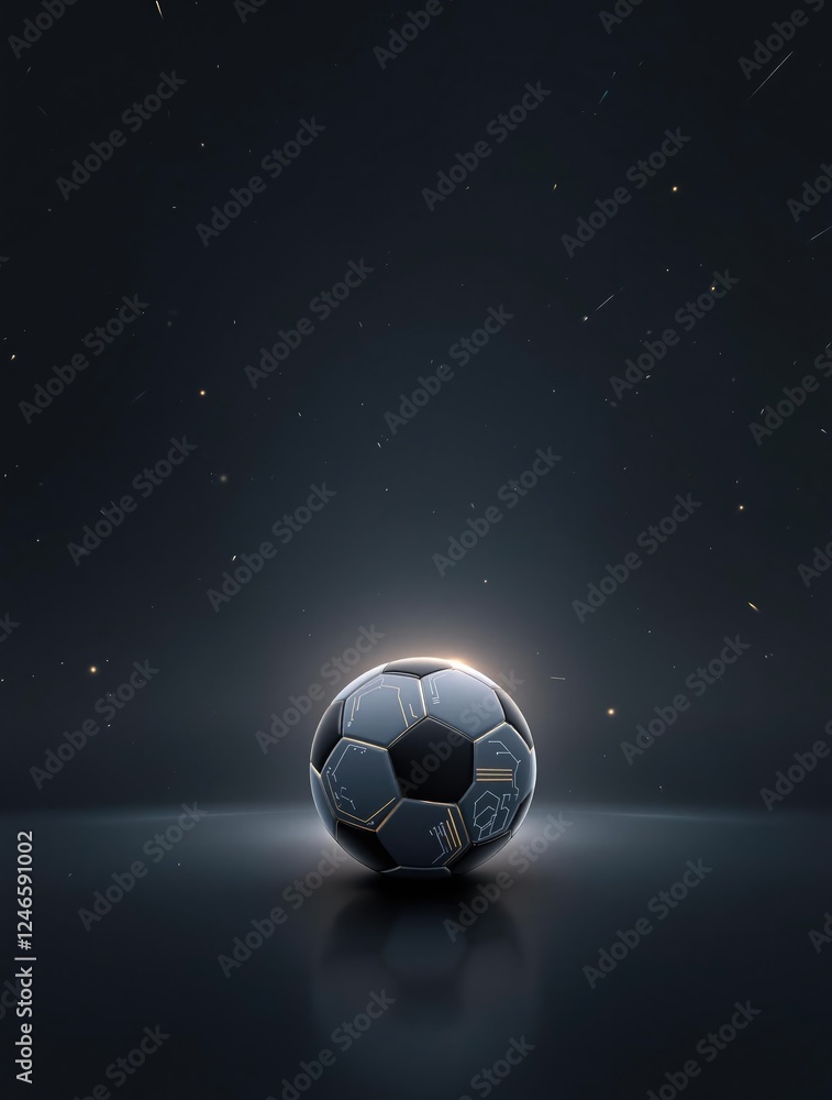 Naklejka premium Soccer ball on a dark gray or blue abstract background with geometric patterns and shapes around it , sporty feel, large ball, team spirit, modern design