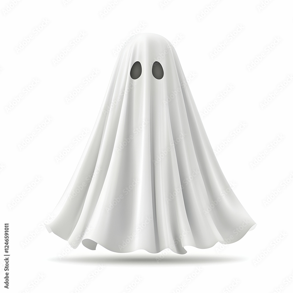 Realistic white ghost in flowing sheet on white background. Possible use Halloween, spirit, mystery, illustration Realistic white ghost in flowing sheet on white background. Possible use Halloween, spirit, mystery, illustration