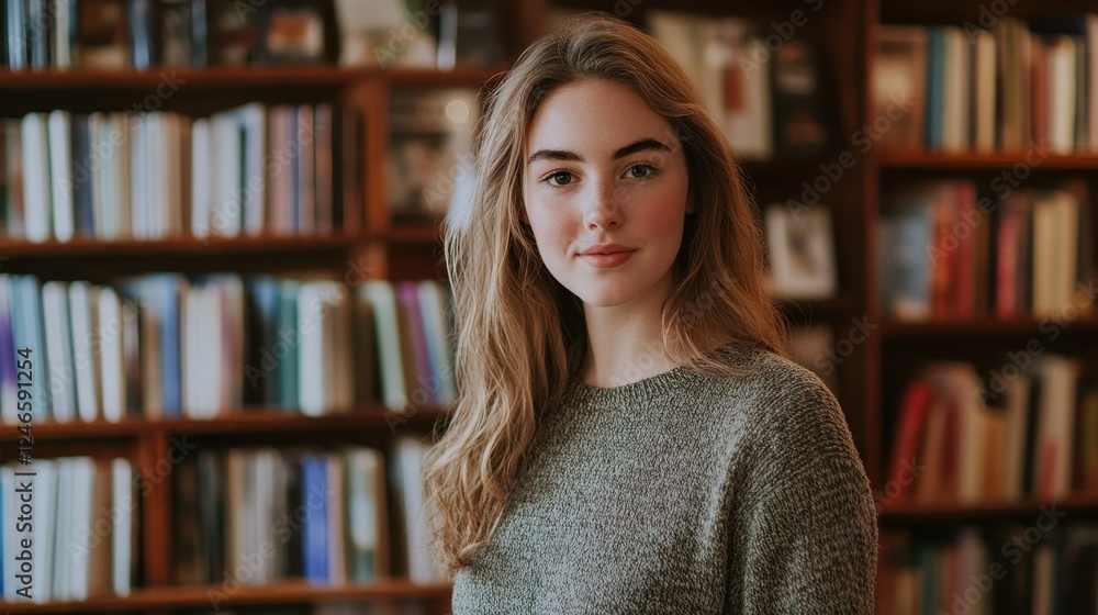A captivating portrait of a young woman in her late twenties, standing confidently in a cozy library surrounded by books, exuding warmth and charm. A captivating portrait of a young woman in her late twenties, standing confidently in a cozy library surrounded by books, exuding warmth and charm.
