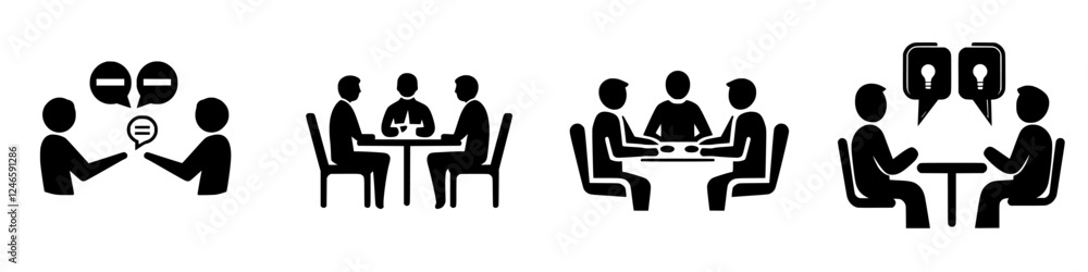 Group conversations taking place in a modern setting with multiple discussion formats depicted in a series of icons Group conversations taking place in a modern setting with multiple discussion formats depicted in a series of icons