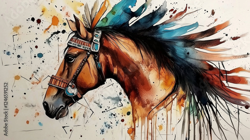 Majestic horse with Indian headband and blue feathers, watercolor splashes and ink drips on white background. Artistic clip art sticker design with detailed vector graphics and vibrant colors. photo