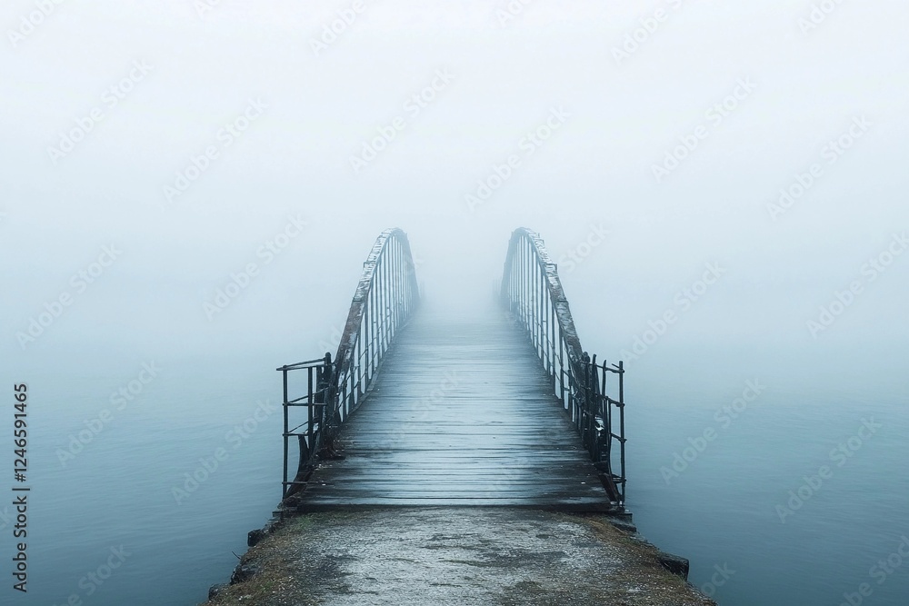 Obraz premium Misty wooden bridge leads to a lonely tree on a rocky island during early morning fog