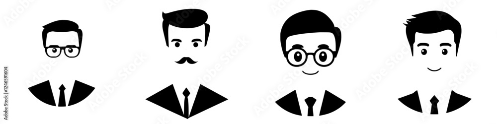 Diverse group of animated male characters displaying various hairstyles and facial features dressed in formal attire Diverse group of animated male characters displaying various hairstyles and facial features dressed in formal attire