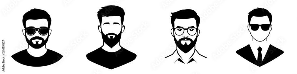 Men with different styles and expressions showcasing diverse appearances and moods in a minimalist design Men with different styles and expressions showcasing diverse appearances and moods in a minimalist design