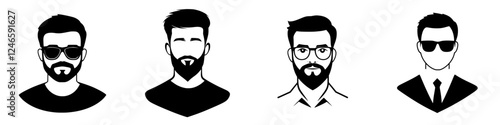 Men with different styles and expressions showcasing diverse appearances and moods in a minimalist design