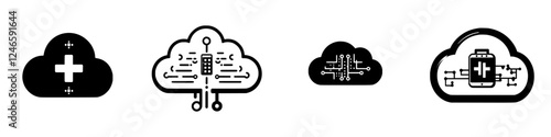 Icons representing cloud computing and digital technology connected to data management and health services