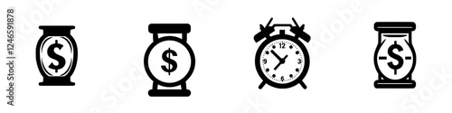 Symbols representing time and money with hourglass and clock designs in black and white