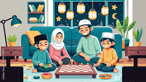 Ramadhan Family Bonding, A joyful family playing board games or spending quality time together. The living room is decorated with Ramadhan lanterns, and there’s a sense of unity and happiness