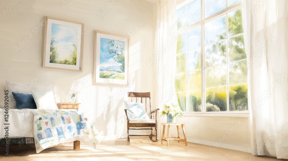 Obraz premium bright and airy room with large windows, featuring bed, rocking chair, and artwork. sunlight creates warm atmosphere