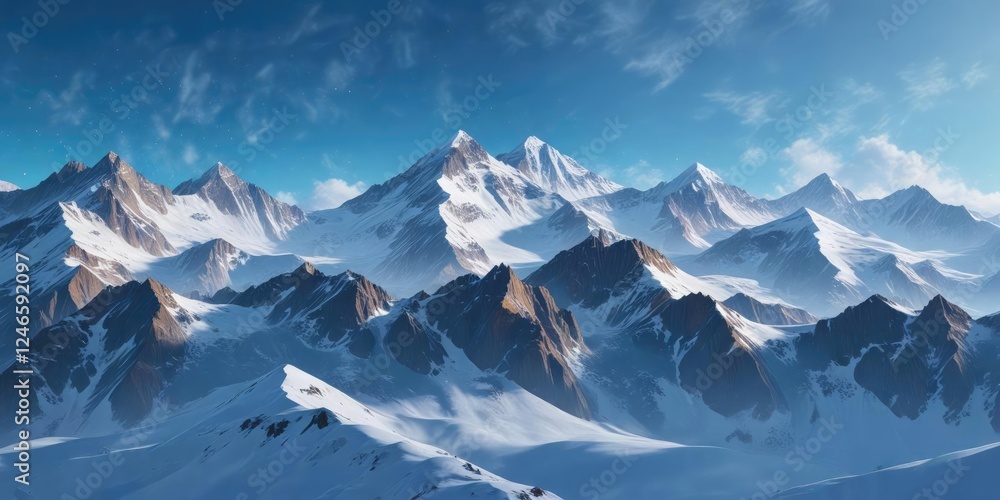 Fototapeta premium Snowflake-covered mountains on an abstract blue background, background, serene sky, soft