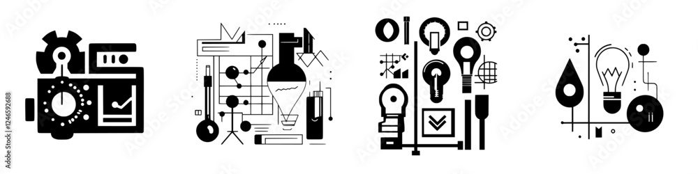 Fototapeta premium Various black and white illustrations of scientific tools and processes in a modern design style