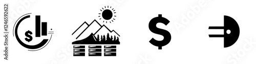 Symbols representing finance, nature, currency, and technology in a creative design style