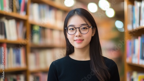 A young Asian woman wearing glasses stands confidently in a library, surrounded by shelves of books. Her warm smile and casual style reflect a modern academic environment.