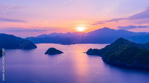 Scenic sunset over tranquil islands. Aerial view of idyllic bay. Possible use Travel brochure, wallpaper, background image