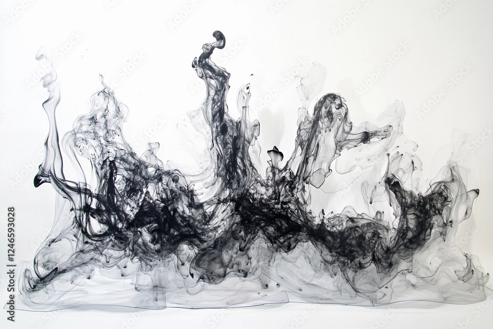 Fototapeta premium Elegant black smoke swirls create dynamic abstract patterns on a white background