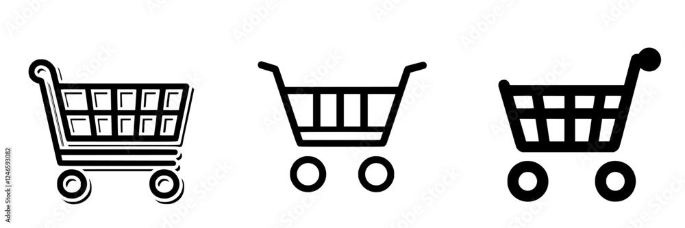 Different styles of shopping cart icons including minimalistic and bold designs for digital applications Different styles of shopping cart icons including minimalistic and bold designs for digital applications