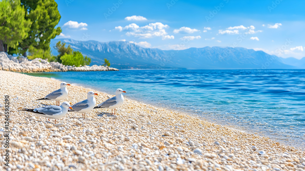 Obraz premium Seagulls on a pebble beach by turquoise sea in Croatia with mountains on horizon on bright day. Ideal as travel or vacation ad