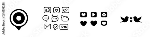 Series of minimalistic icons representing social media engagement and interaction techniques for digital communication