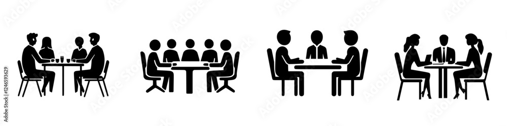 Groups of people engaged in discussions at tables in a modern setting during a business meeting Groups of people engaged in discussions at tables in a modern setting during a business meeting