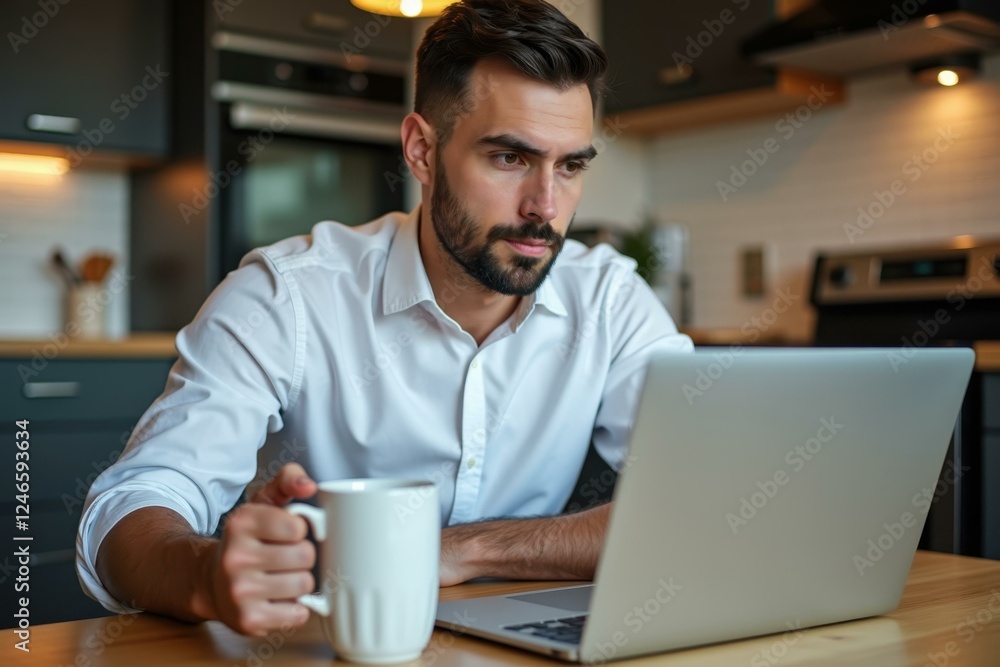 Man is sitting at table with laptop and coffee mug Man is sitting at table with laptop and coffee mug