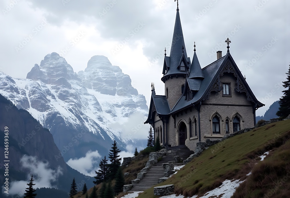 Majestic Stone Chateau nestled in snow capped mountains Majestic Stone Chateau nestled in snow capped mountains