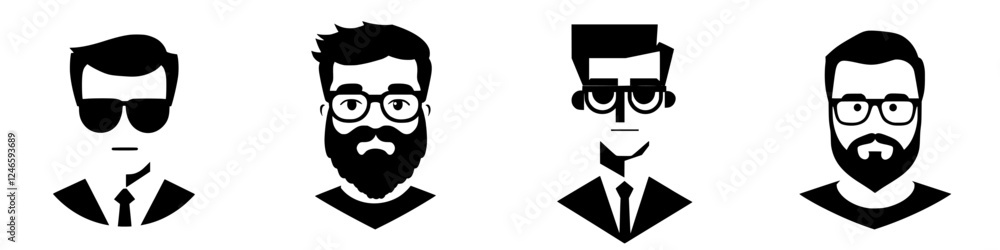 Fototapeta premium Diverse group of stylish and modern male characters with varying facial hairstyles and glasses in a vector-style illustration
