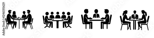 Groups of people engaged in discussions at tables in a modern setting during a business meeting