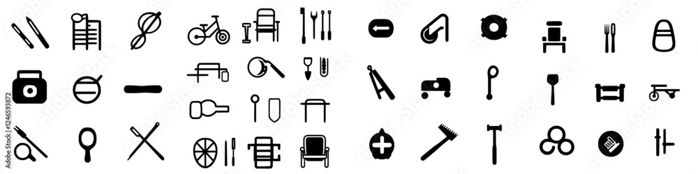 Fototapeta premium Various black icons representing different tools, objects, and activities arranged in a grid format for design purposes