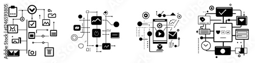 Graphic representation of digital communication systems with interconnected icons showing data flow and information exchange