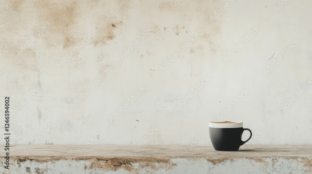 Coffee cup on rustic wood, textured wall background Coffee cup on rustic wood, textured wall background