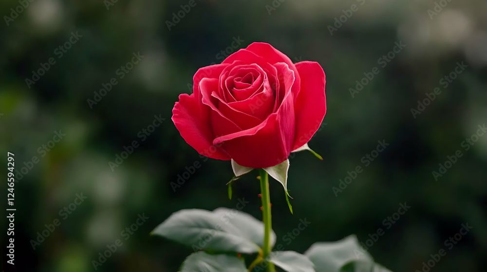Single red rose in garden setting, close up shot, possible use for romantic or floral themed design Single red rose in garden setting, close up shot, possible use for romantic or floral themed design