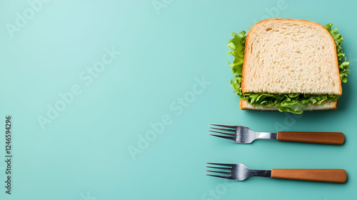 Simple sandwich on teal background, ready to eat, for a quick lunch photo