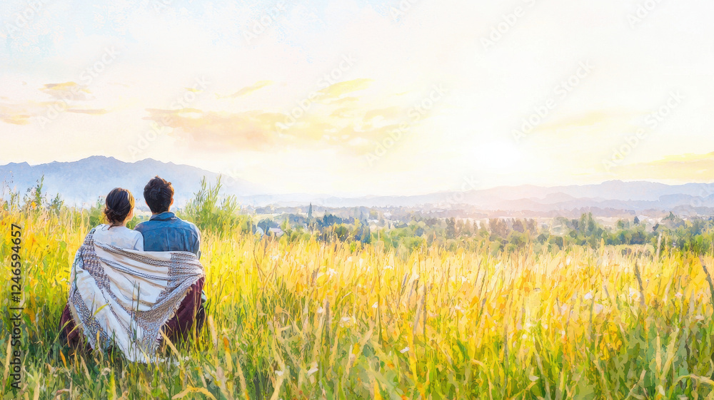 Cozy couple enjoying sunset in grassy field, wrapped in blanket Cozy couple enjoying sunset in grassy field, wrapped in blanket