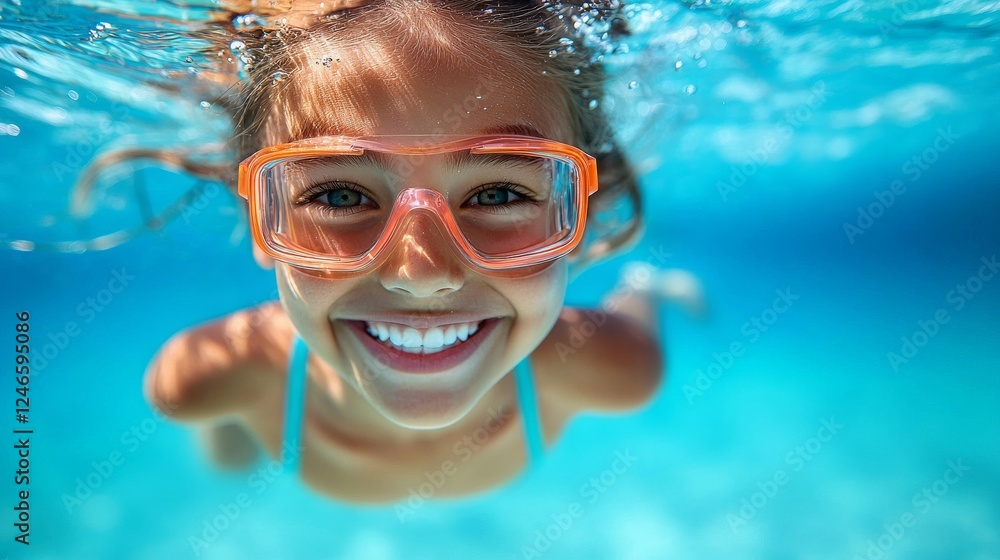 Naklejka premium A smiling girl swims underwater, wearing orange goggles, in clear blue water, radiating joy and playfulness.