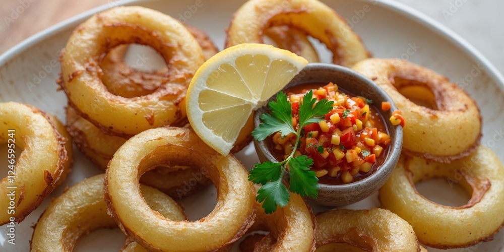 A closeup of fried ring shape potatoes with hot salsa dip sauce garnished with herbs and lemon in plate. A closeup of fried ring shape potatoes with hot salsa dip sauce garnished with herbs and lemon in plate.