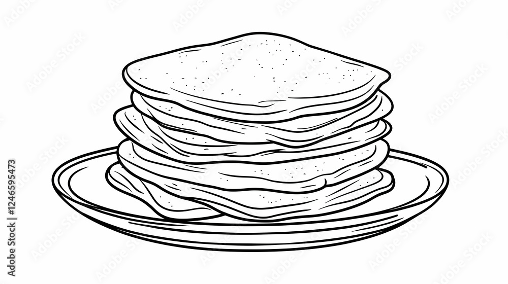 Stack of pancakes on a plate, simple breakfast, black and white illustration, suitable for food illustration Stack of pancakes on a plate, simple breakfast, black and white illustration, suitable for food illustration